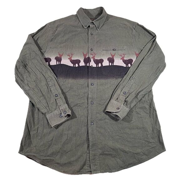 Vintage Woolrich Olive Deer Long Sleeve Button Down Shirt Men's Size XL - Picture 1 of 9